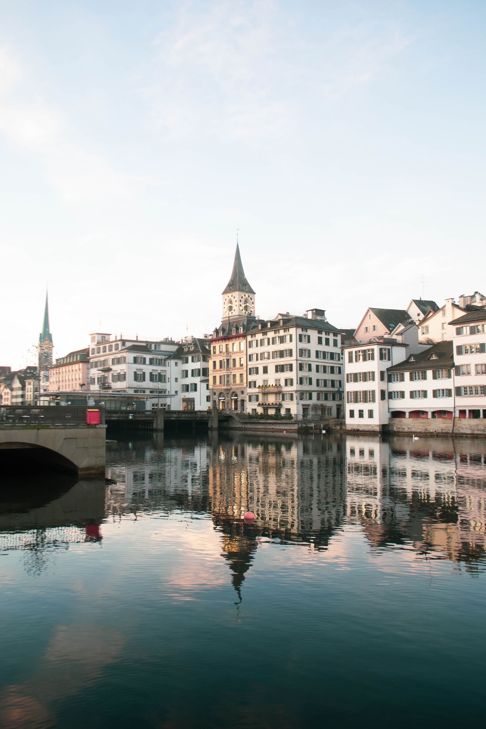 Old town buildings reflected in the Limmat, Zurich