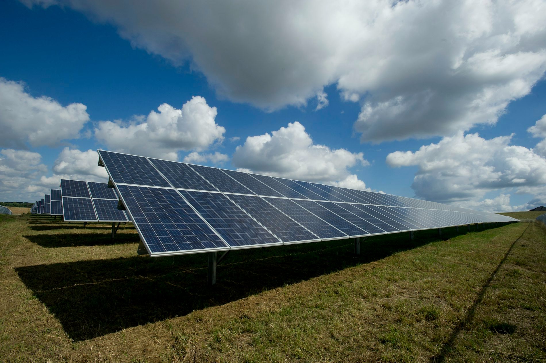 Row of solar panels under an open sky
