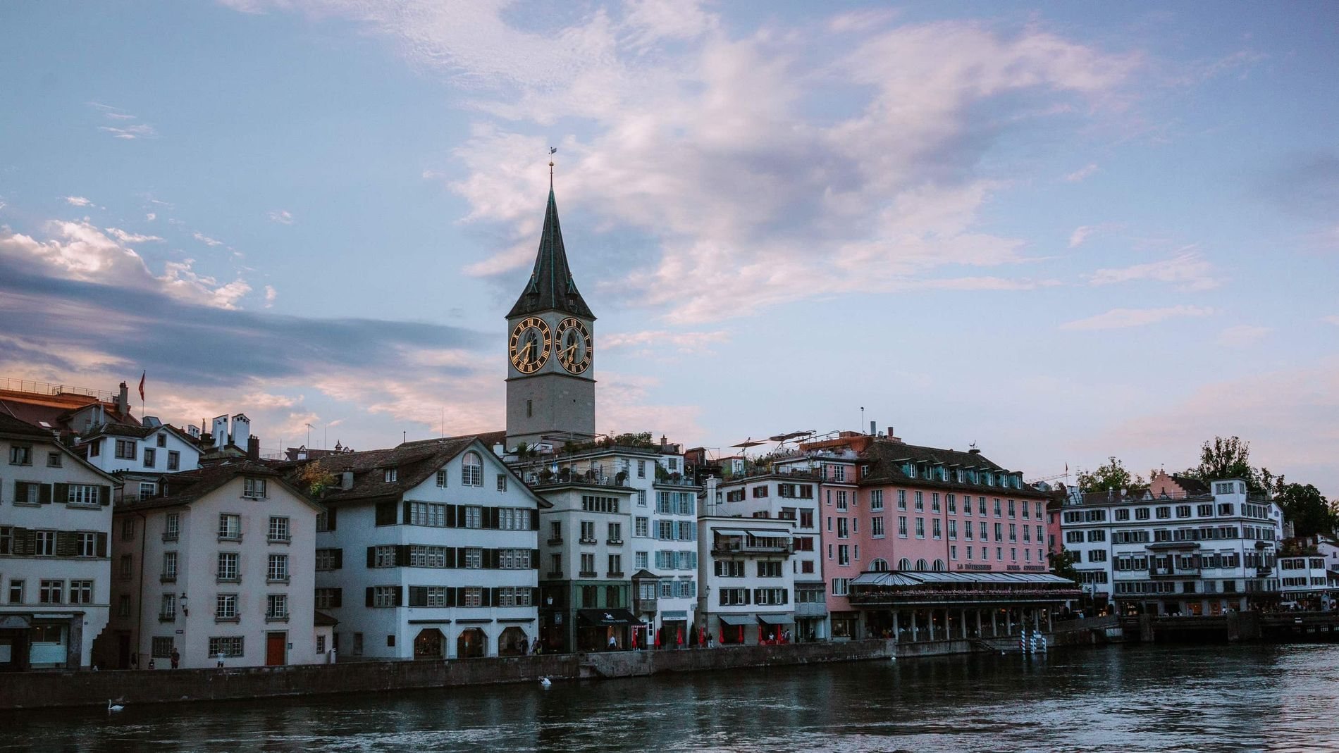 St Peter’s church tower above the Zurich waterfront