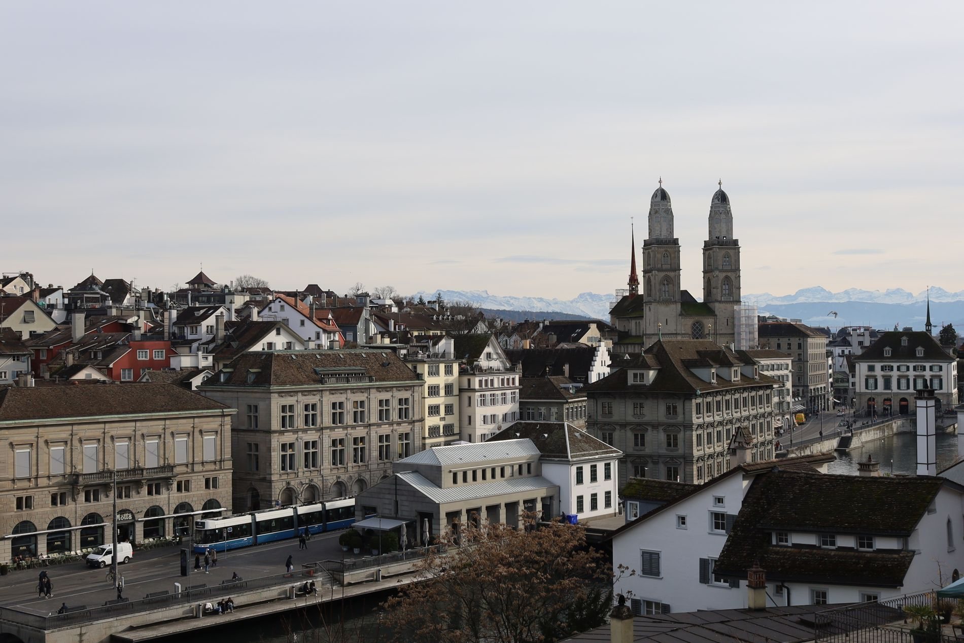 Panorama of the Zurich skyline with the Grossmünster towers
